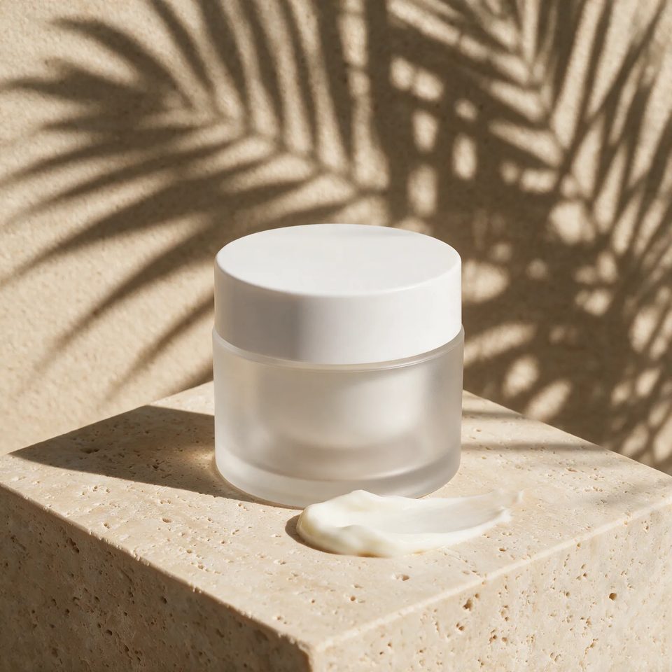 Cream jar in palm light