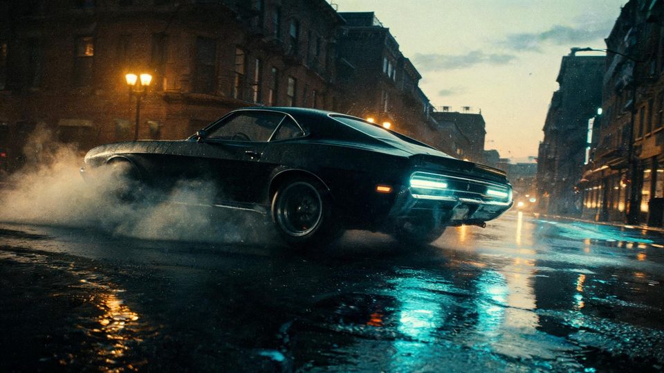 Muscle car on wet asphalt