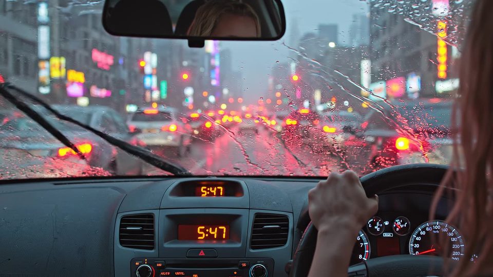 Neon traffic, wipers on