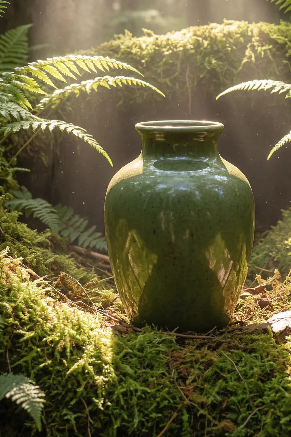 Moss vase in the ferns