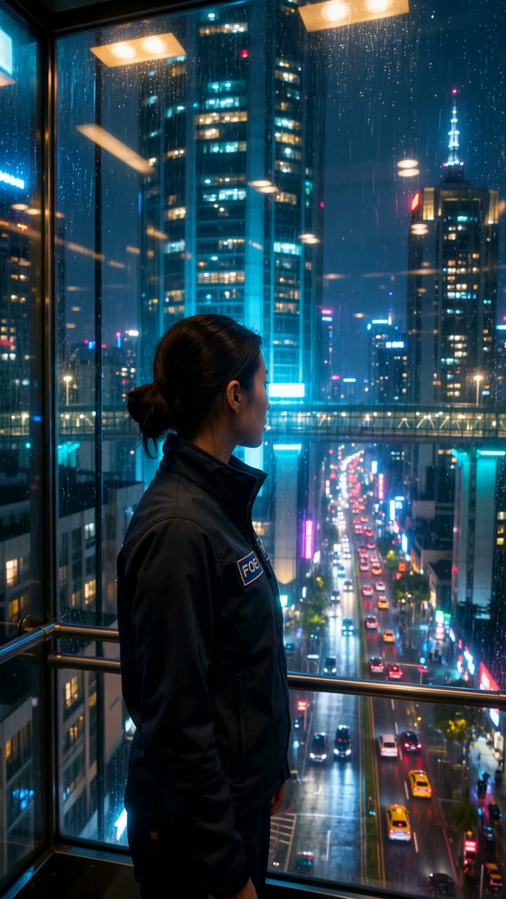 Courier in a glass elevator