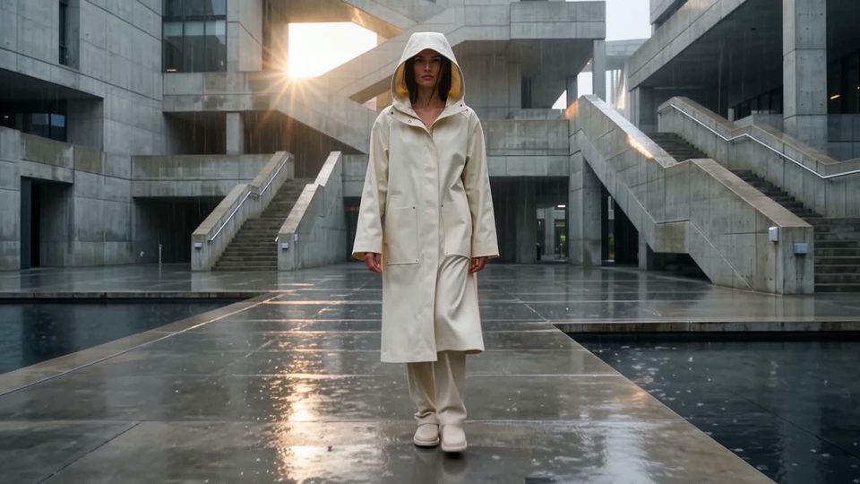 Ivory coat on brutalist concrete