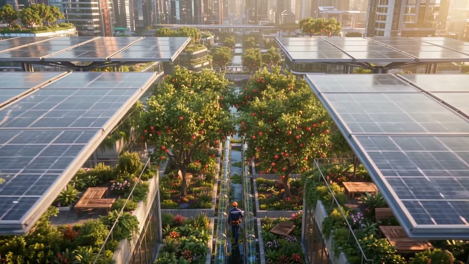 Rooftop orchards at golden hour